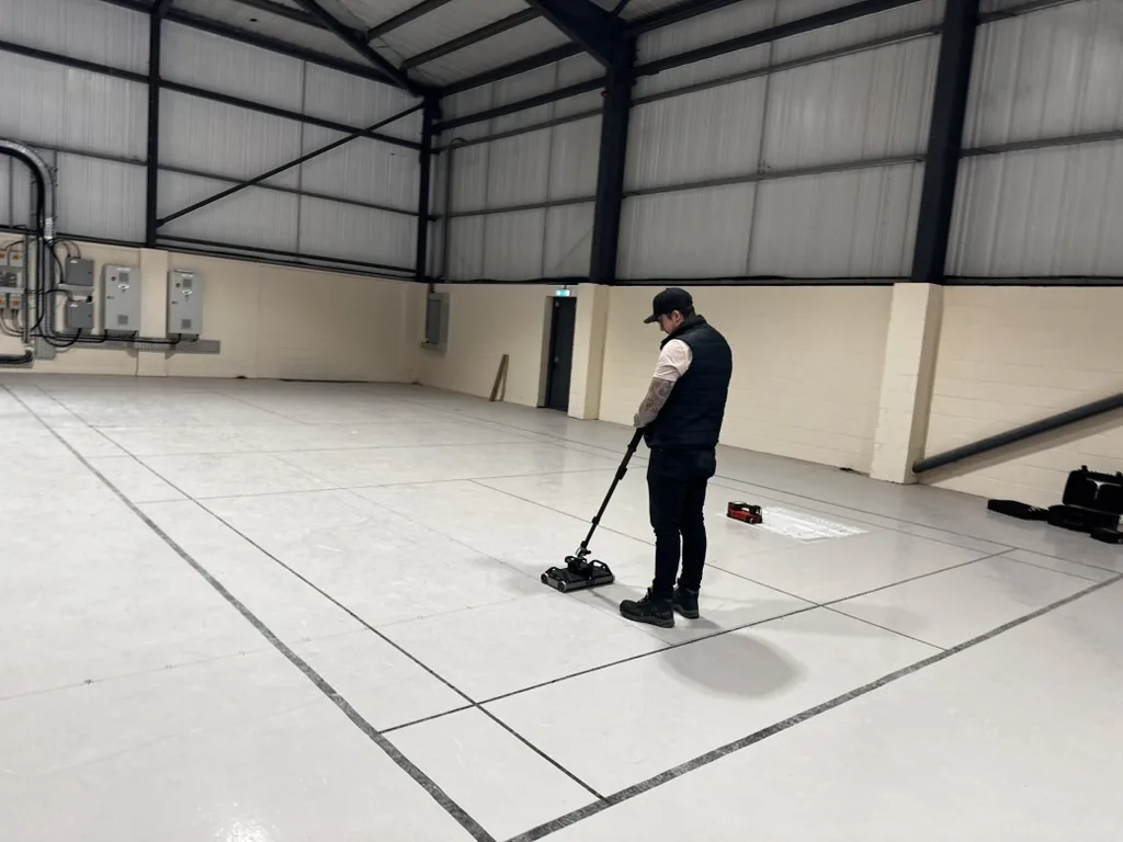 Corvus surveyor running a Proceq GP8100 GPR unit across the suspended slab at Custodian Data Centres, Dartford
