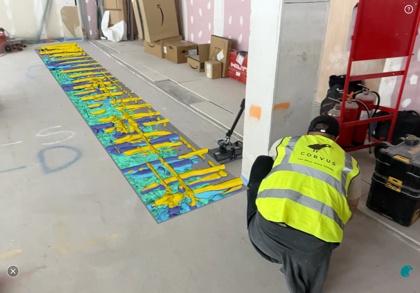 GPR reinforcement data rendered in 3D over the machine-room slab