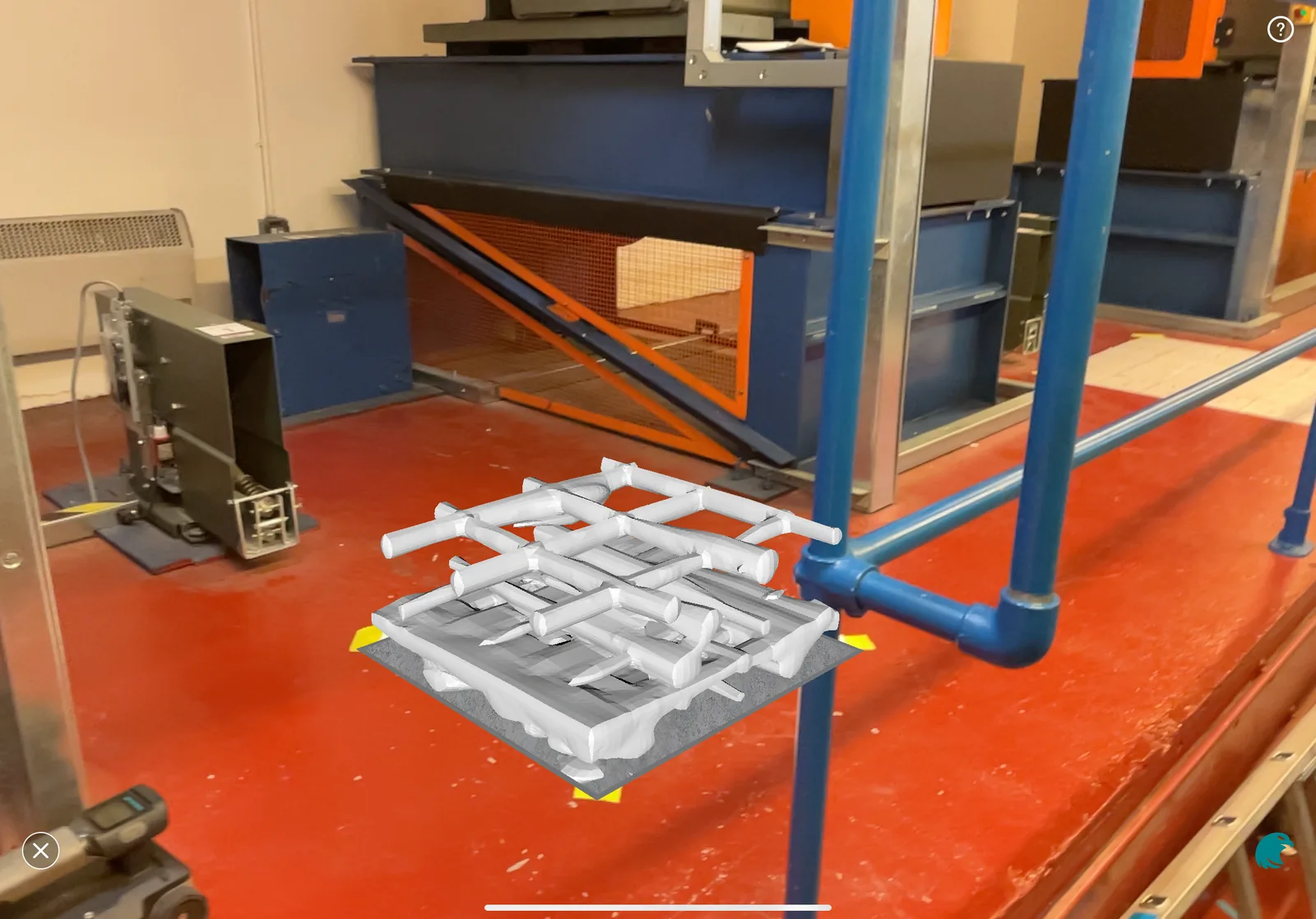 Augmented-reality GPR scan model overlaid on a lift installation using a survey tablet