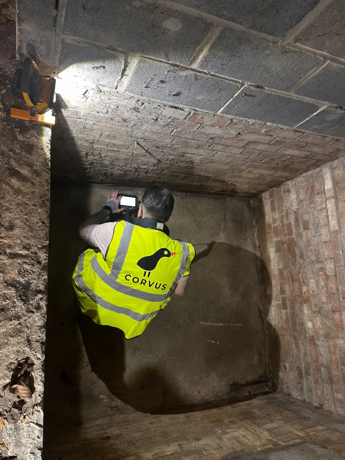 Corvus surveyor scanning the base of a lift pit with ground-penetrating radar